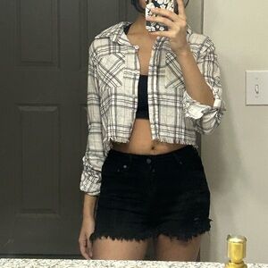 Cropped White Plaid Button-Up Shirt